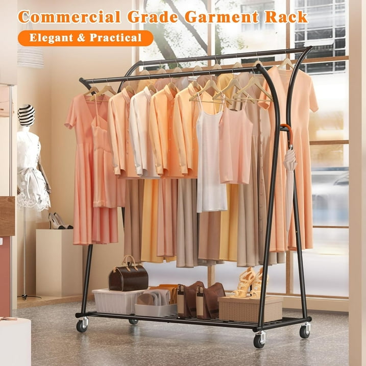 Camkey 59"Clothes Rack Heavy Duty Load 300Lbs, Rolling Clothing Racks for Hanging Clothes, Commercial Garment Rack, Collapsible ＆ Portable Clothes Rack with Wheels and Adjustable Shelves