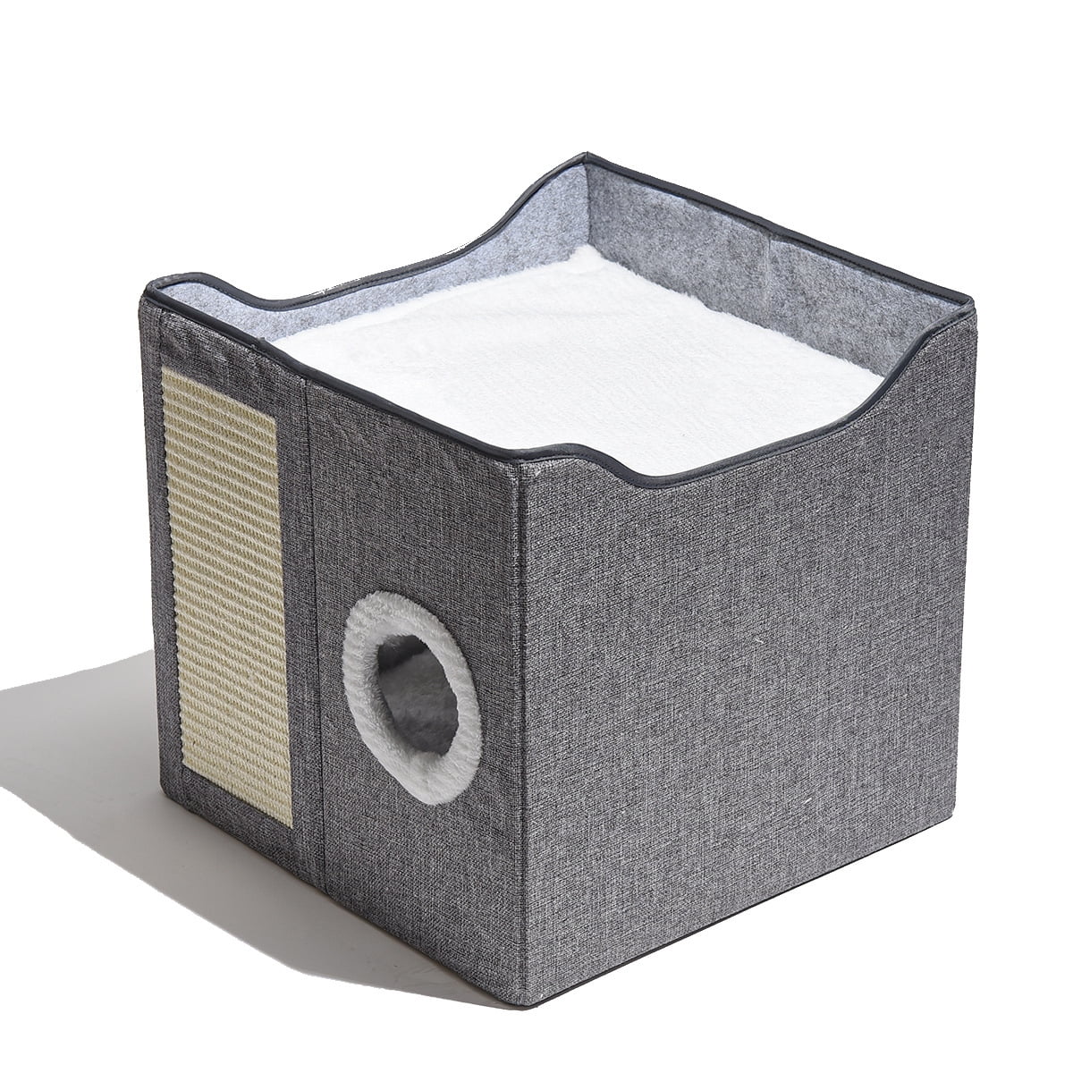 Petimi Cat House, Cute Cube Cats Bed with Scratching Board, Dangling Toy Ball, 15.4x15.4x15 inches