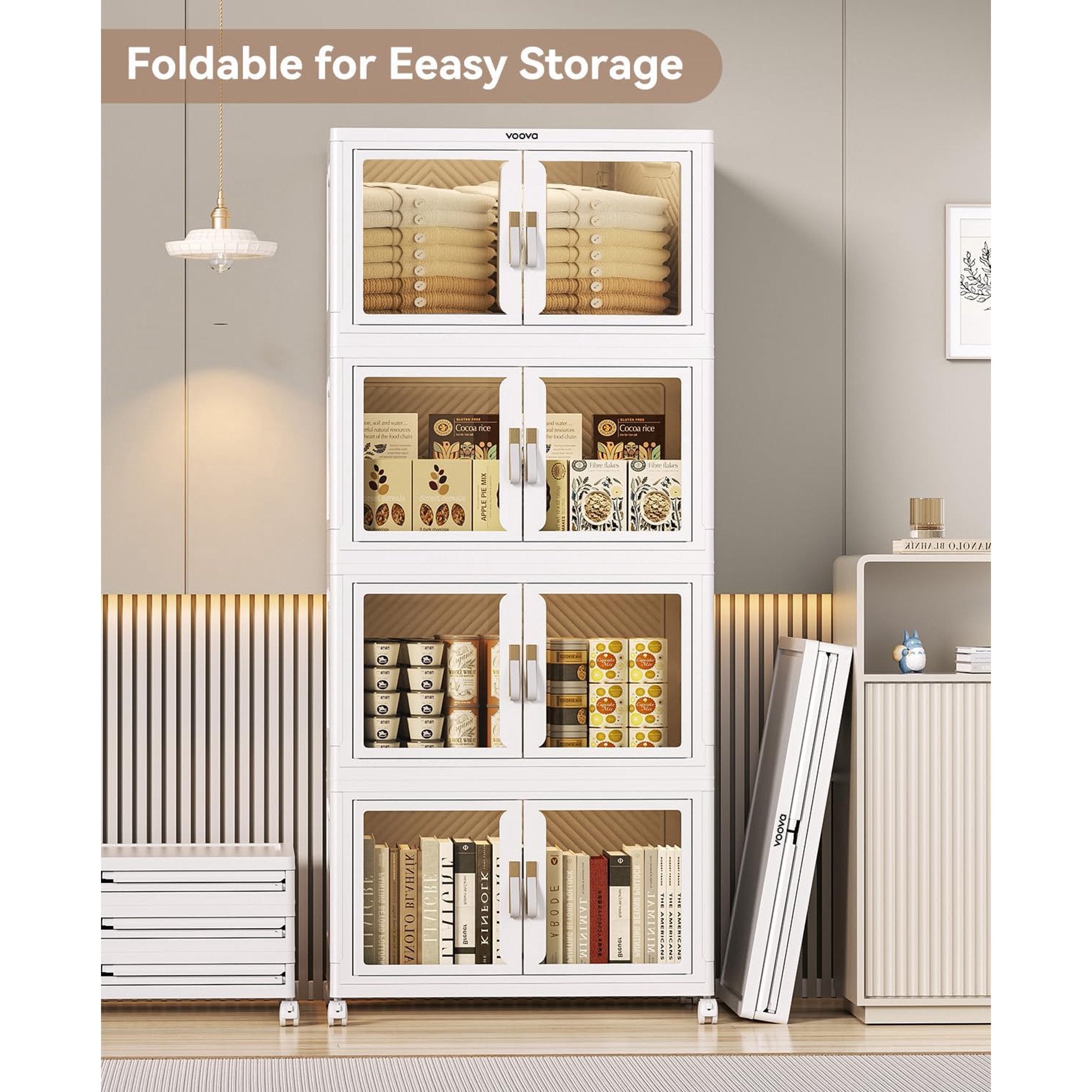 4 Tier Stackable Plastic Storage Bins with Lids 23QT, Collapsible Closet Organizers and Storage with Wheels, Foldable Organization and Storage Cabinet, Storage Containers for Home