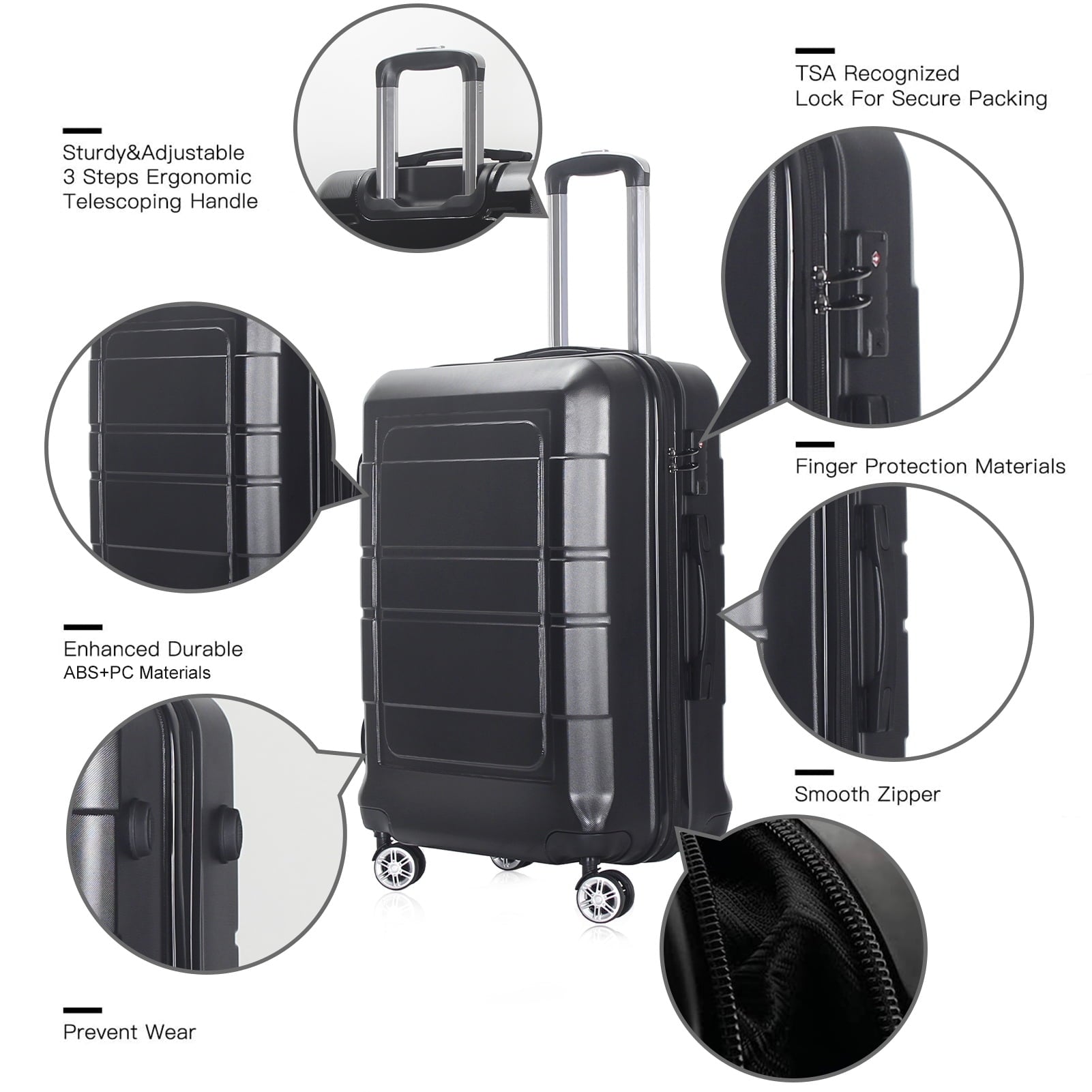 Camkey 20" Carry-on Luggage with Ergonomic Handles and TSA Lock, Black