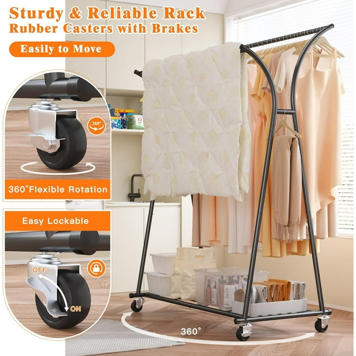 Camkey 59"Clothes Rack Heavy Duty Load 300Lbs, Rolling Clothing Racks for Hanging Clothes, Commercial Garment Rack, Collapsible ＆ Portable Clothes Rack with Wheels and Adjustable Shelves