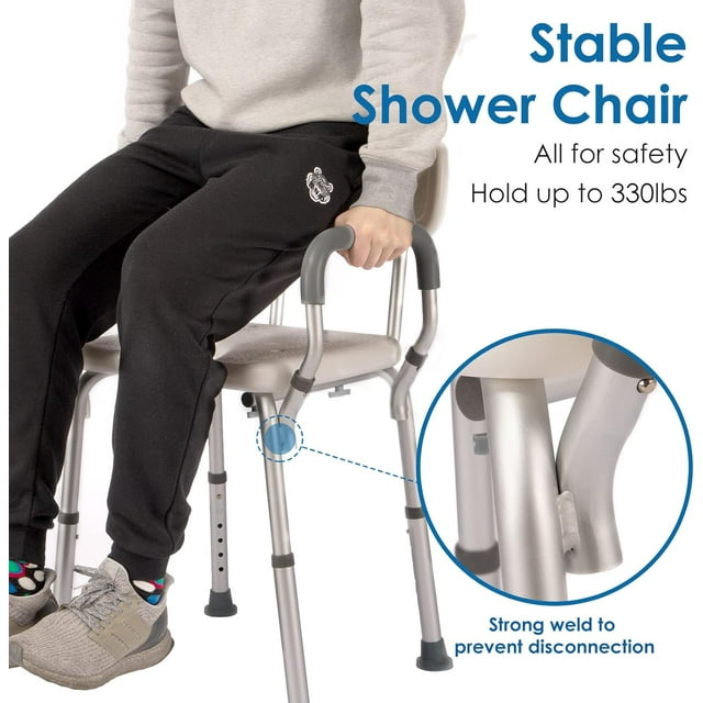 Shower Chair Seat with Padded Armrests and Back Heavy Duty Shower Chair for Bathtub Slip Resistant Shower Seat with Adjustable Height Shower Chair for Inside Shower with 350 lb Capacity