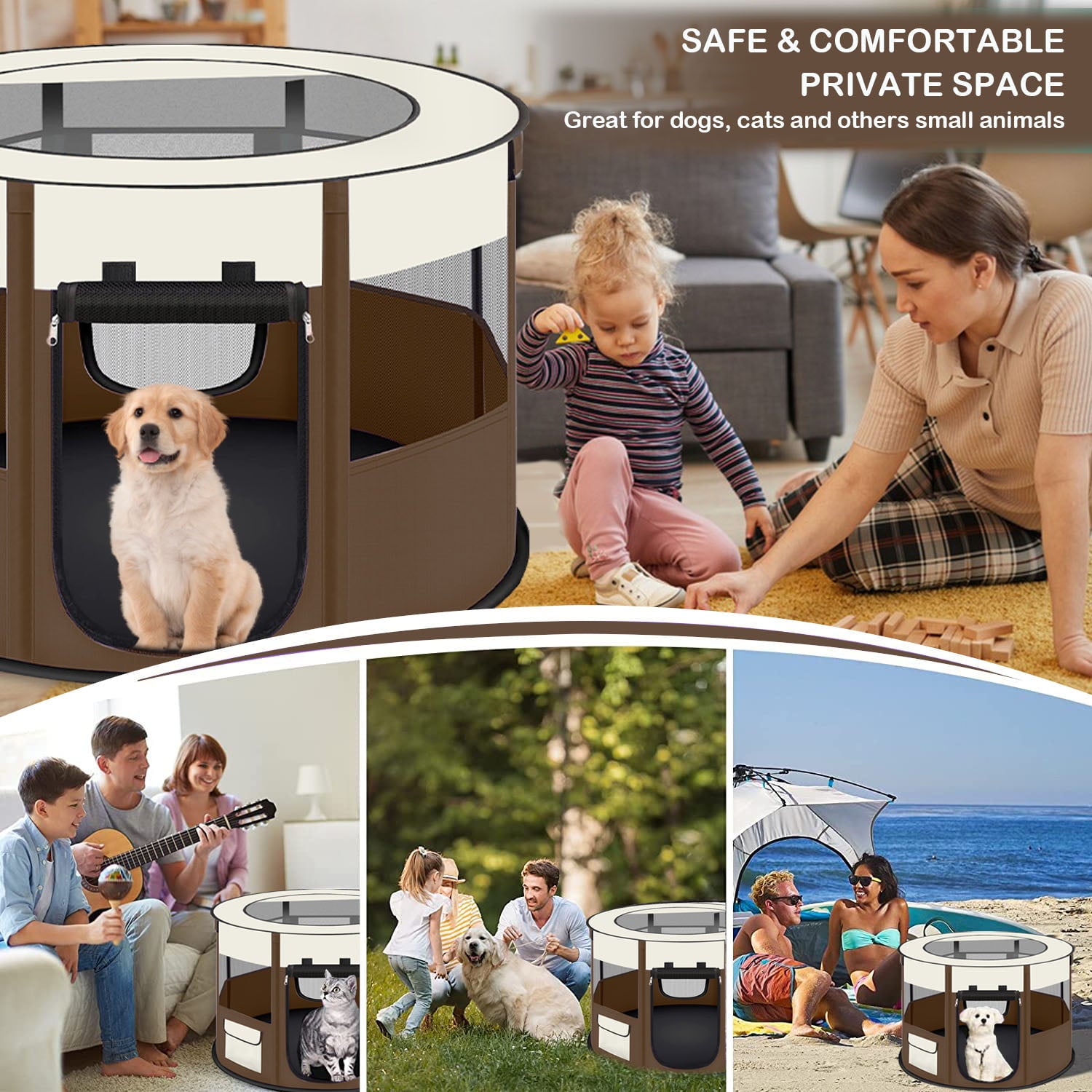 PETIMI Portable Pet Playpen, Foldable Dog Playpen Cat Playpen, Pet Tent for Indoor Outdoor Travel Camping Use - Brown, Small