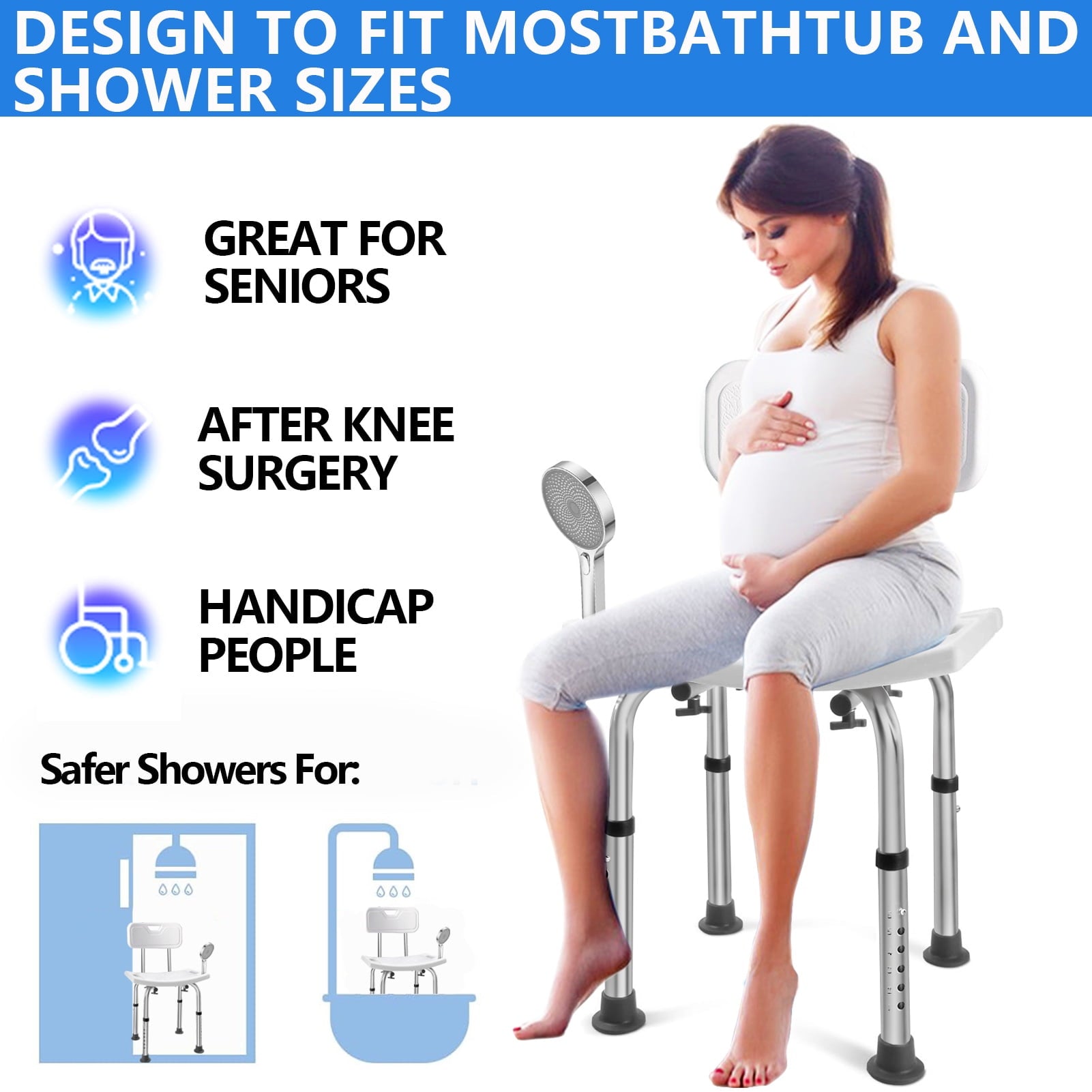 Adjustable Shower Chair for Inside Shower, Comfort, Safety, and Stability for Elderly & Disabled - 350lb Capacity, White