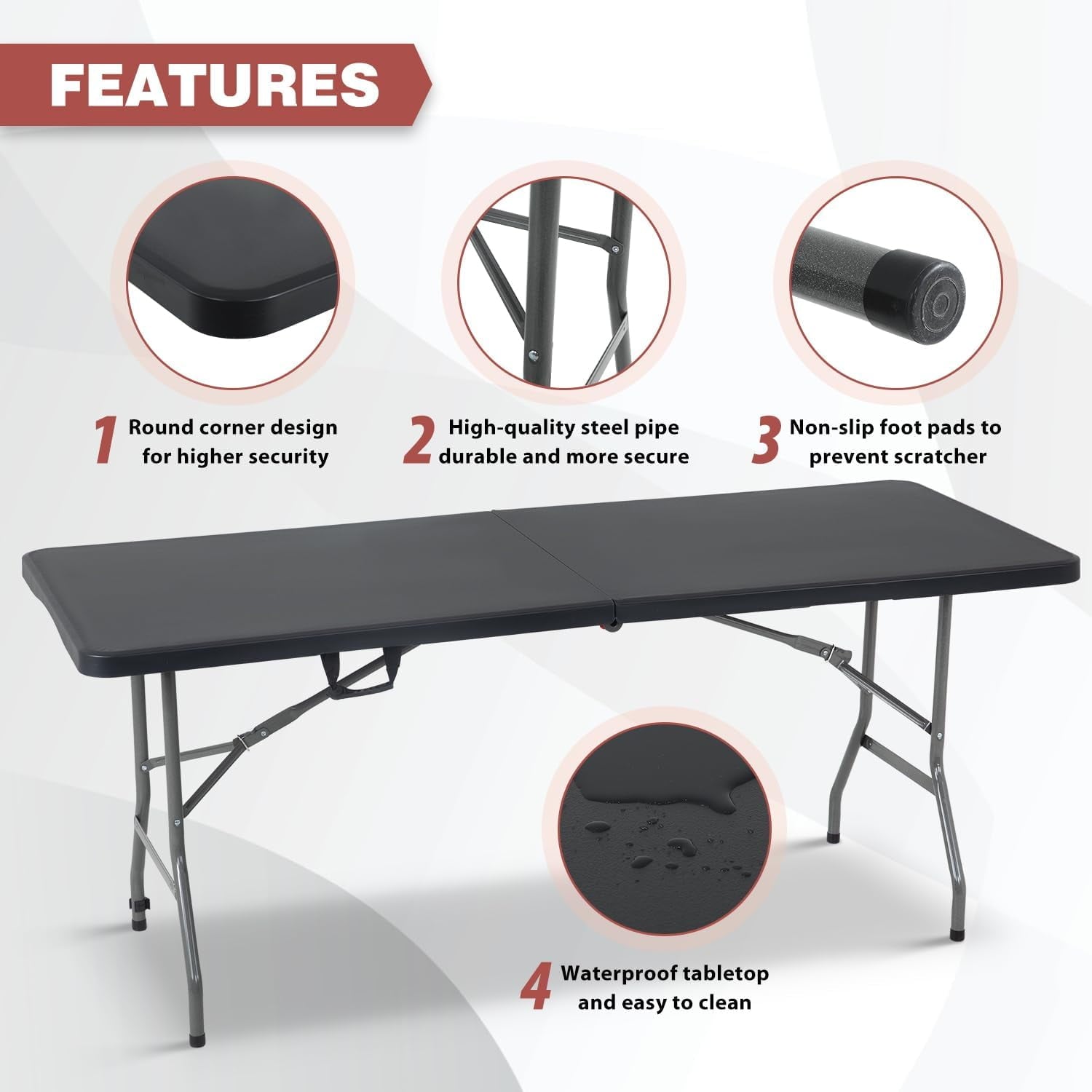 6 Foot Fold-in-Half Adjustable Premium Folding Table, Built-in Handle, Black