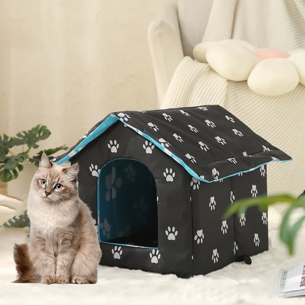PETIMI Outdoor Cat House, Foldable Cat Bed Cave, Easy to Assemble Outdoor Cat Tent, Weatherproof Outdoor Shelter for Cats Dogs - Black, Medium