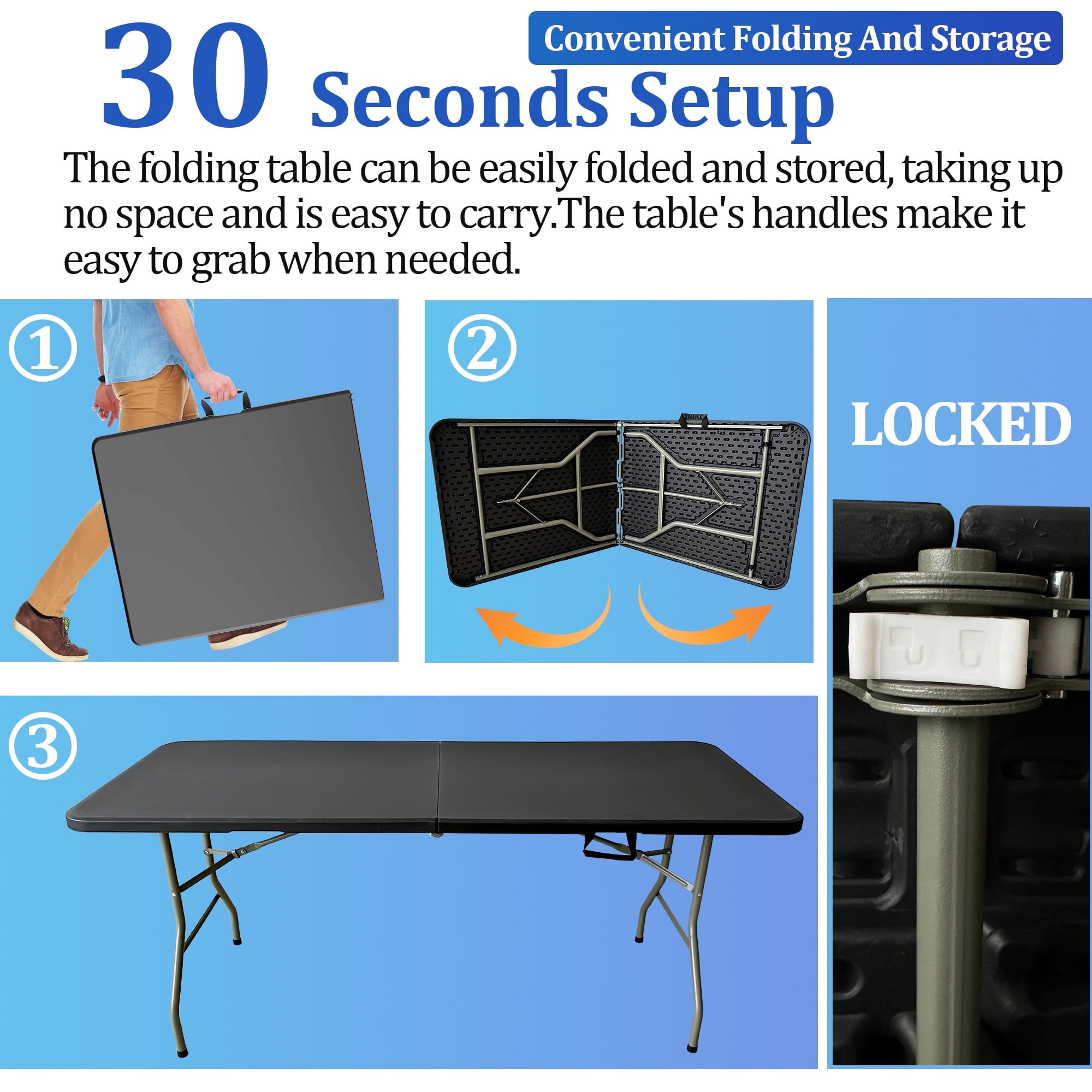 6FT Folding Table, Portable Plastic Design with Powder-Coated Steel Legs – Ideal for Picnics, Parties, Office and Camping – Convenient Carry Handle for Easy Transportation, Black