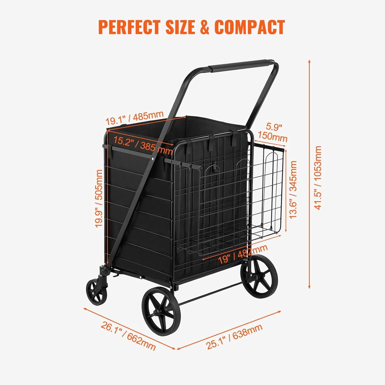 Folding Shopping Cart, 350 LBS Grocery Cart on Wheels, Heavy-Duty Utility Cart with Adjustable Handle Height for Groceries, Black