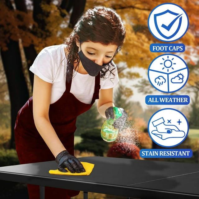 6FT Folding Table, Portable Plastic Design with Powder-Coated Steel Legs – Ideal for Picnics, Parties, Office and Camping – Convenient Carry Handle for Easy Transportation, Black
