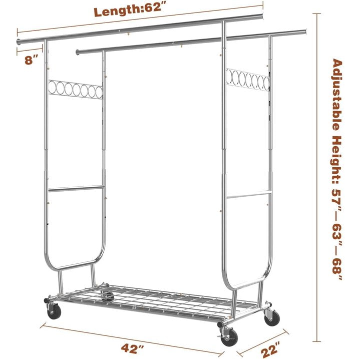 Clothes Rack Heavy Duty Load 300Lbs, Rolling Clothing Racks for Hanging Clothes, Commercial Garment Rack, Collapsible ＆ Portable Clothes Rack with Wheels and Adjustable Shelves