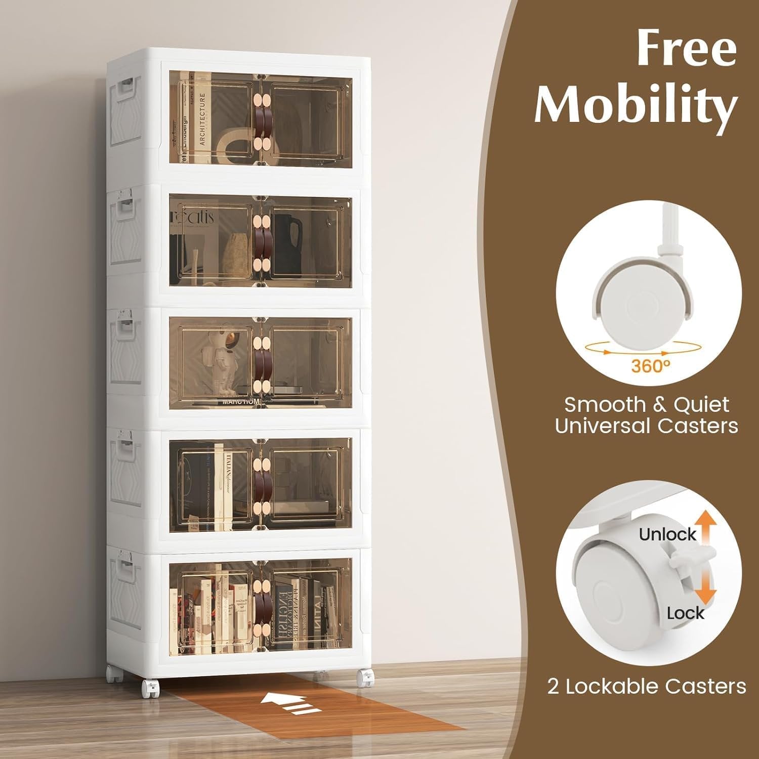 5 Tier Stackable Plastic Storage Bins with Lids 23QT, Collapsible Closet Organizers and Storage with Wheels, Foldable Organization and Storage Cabinet, Storage Containers for Home