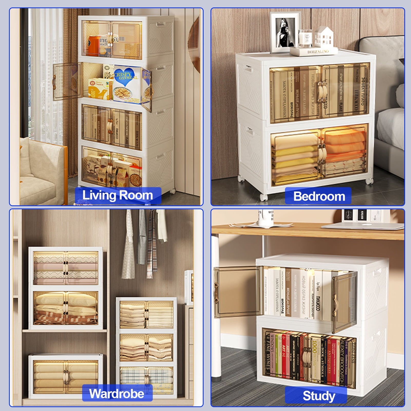 Closet Organizers and Storage - 3 Tier Stackable Plastic Bins with Lids, Wheels - Foldable, Collapsible Storage Boxes - Ideal for Clothes, Toys, Craft Supplies - Perfect for Any Room