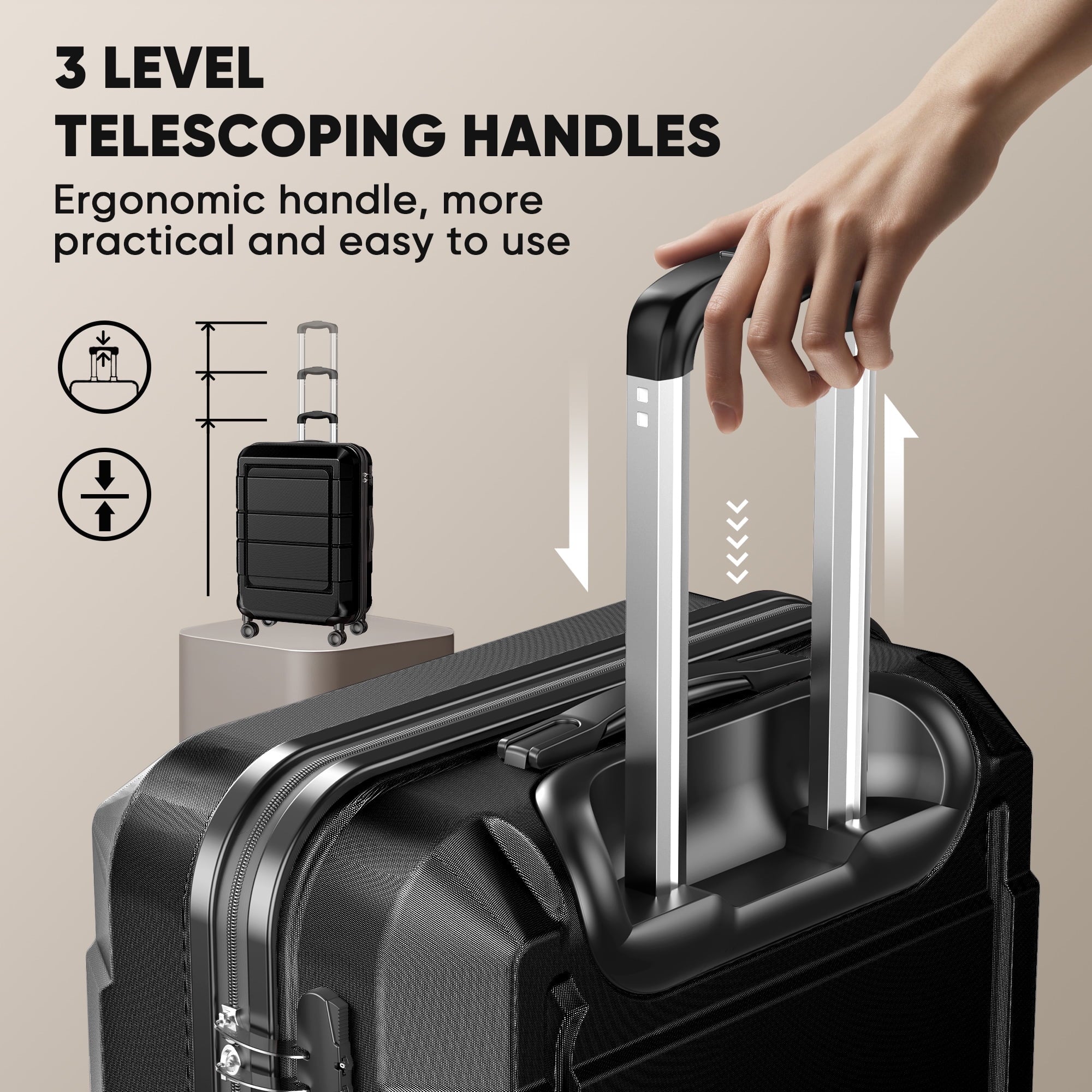 Camkey 3 Piece Suitcase Luggage Set with TSA Lock, Black