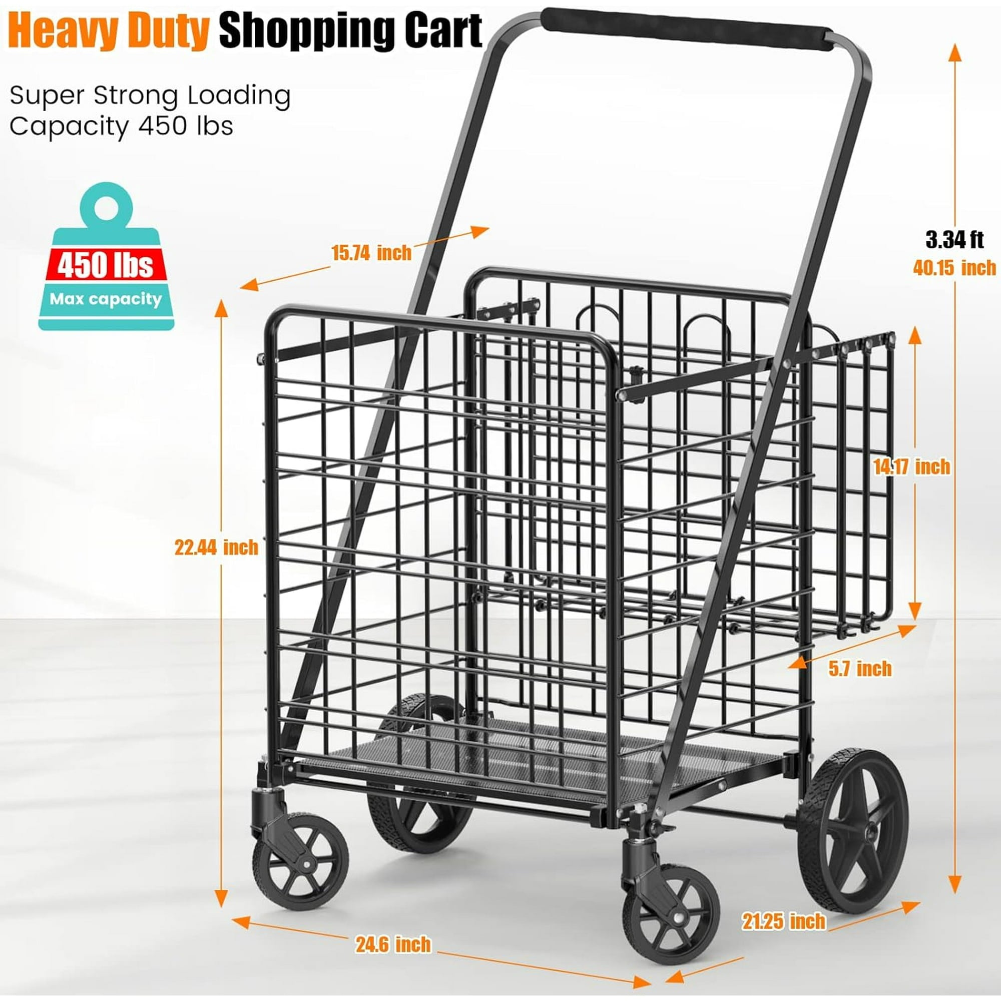Folding Shopping Cart Utility Trolley Jumbo Basket with Swivel Wheels, Black