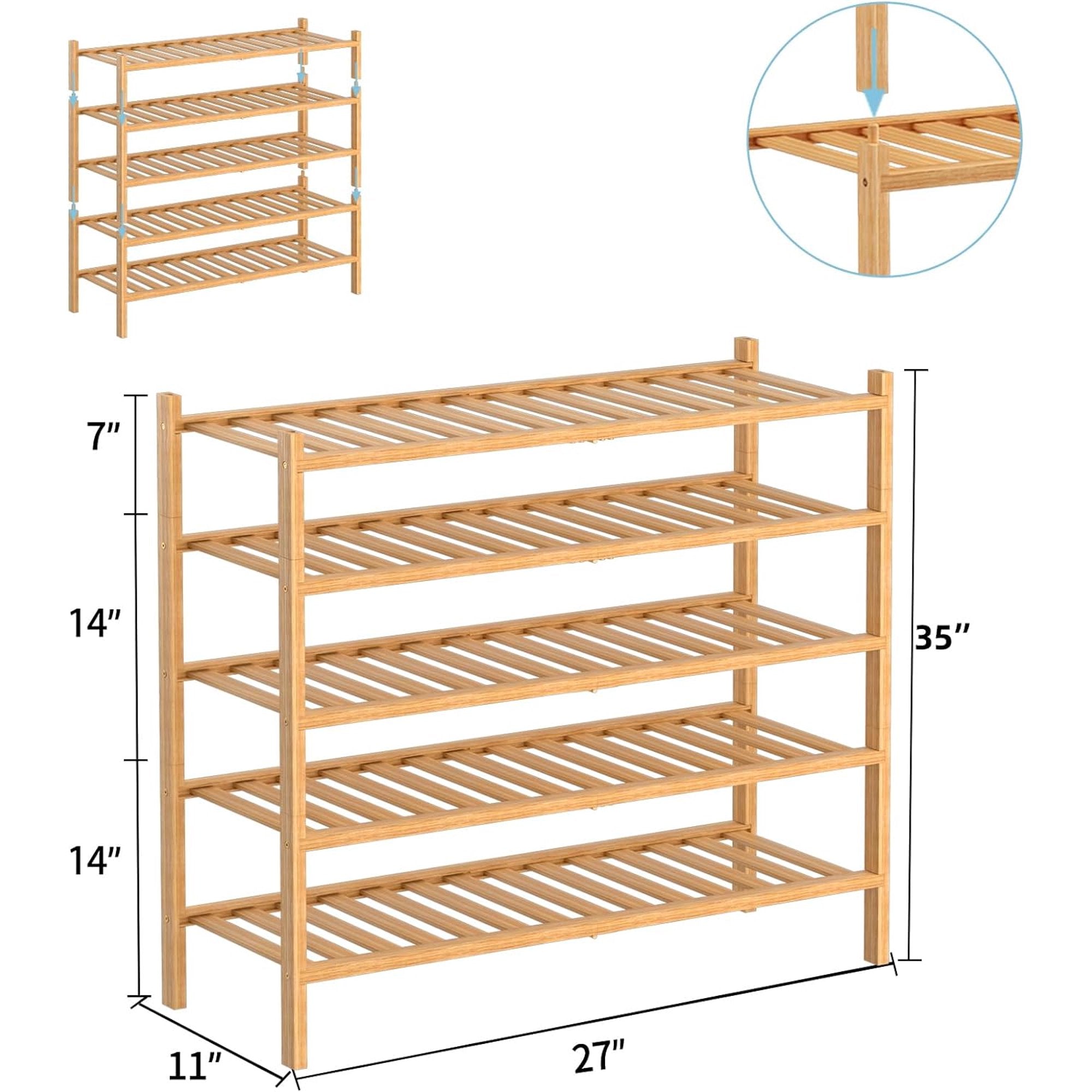 5-Tier Natural Bamboo Shoe Rack - Stackable Storage Shelf with Multi-Function Combinations - Free Standing Shoe Racks for Convenient Shoe Organization（Natural） 11" D x 27" W x 35" H