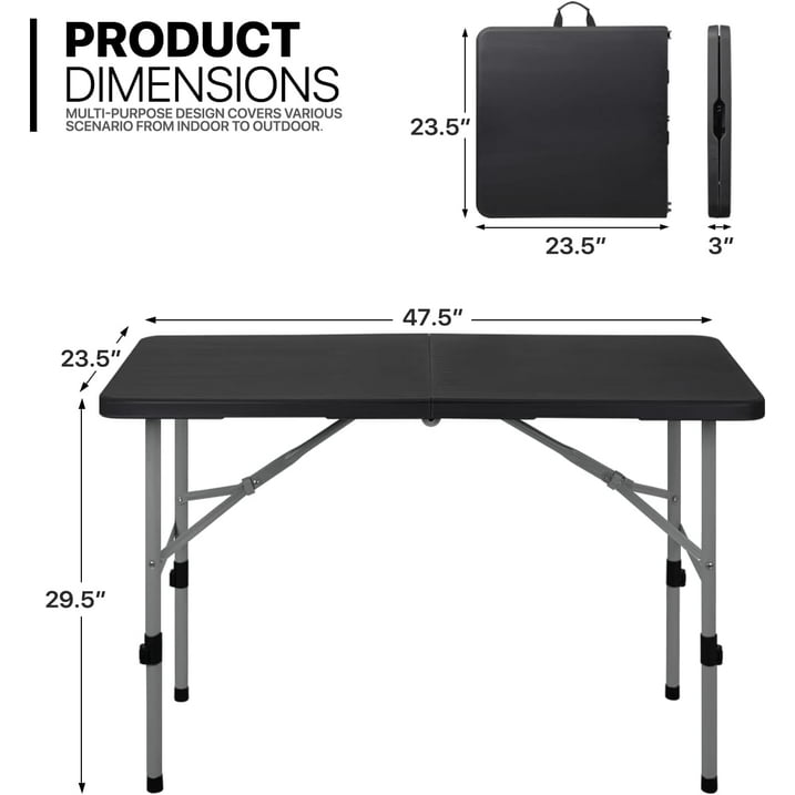 Fold-in-Half Banquet Table w/Handle, 4 ft, Black