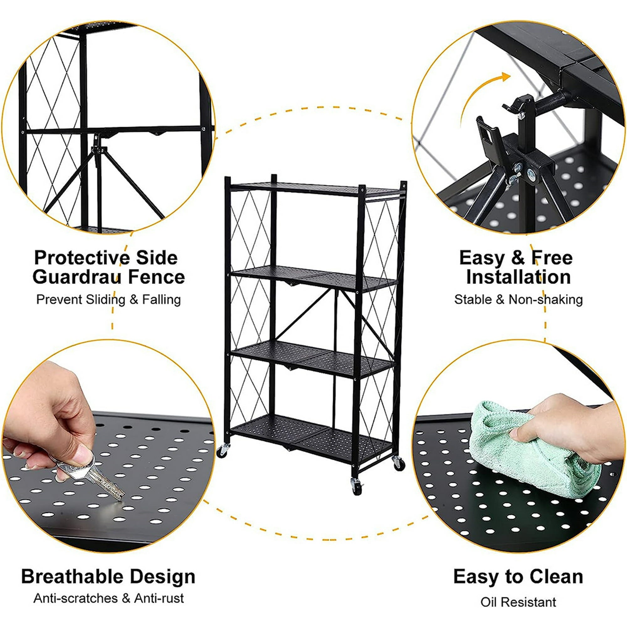 Foldable Storage Shelves, Heavy Duty Metal Shelving Unit for Garage, Kitchen & Basement Organization - 4-Tier Rack with Wheels, Easy Assembly, Black