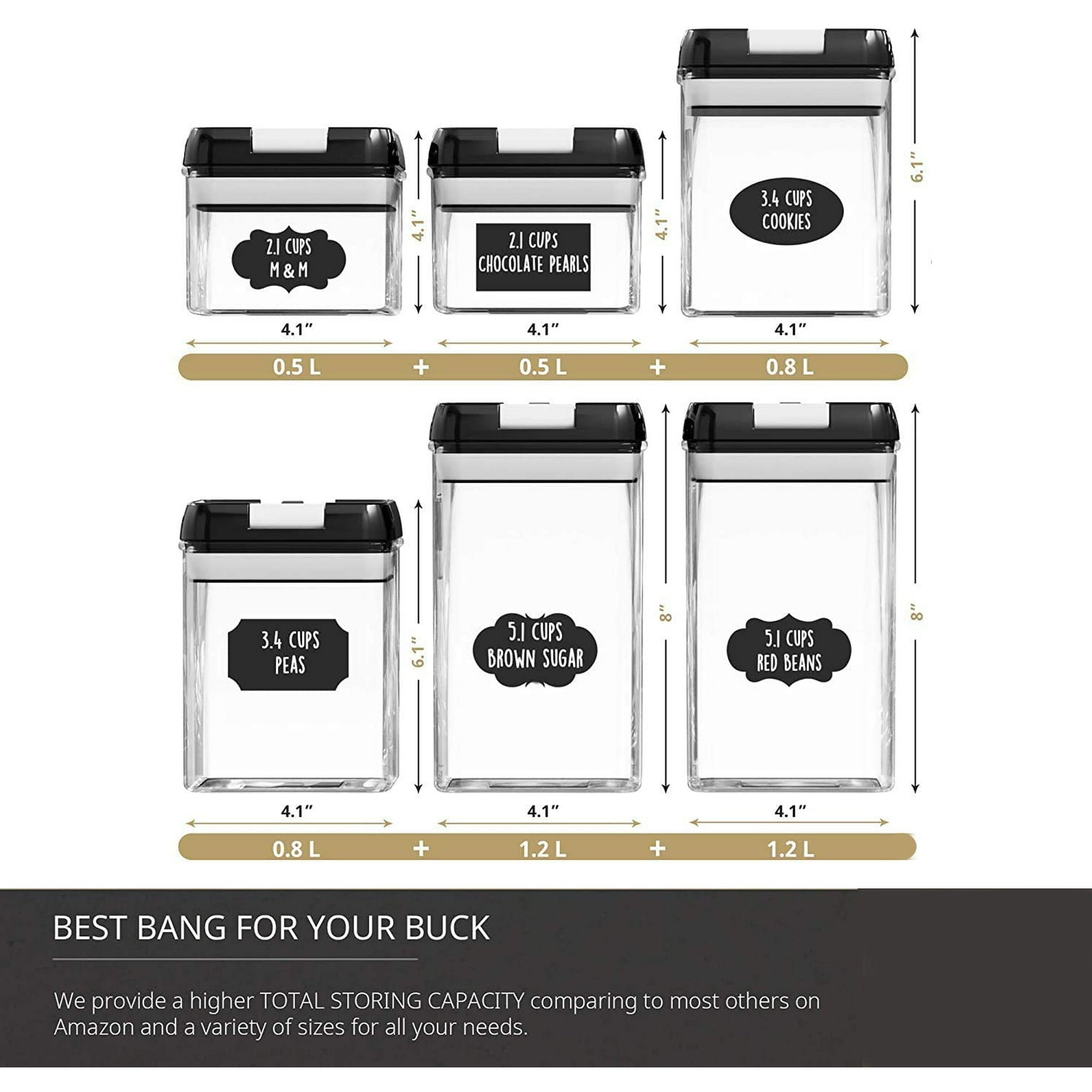 Suproot Kitchen Variety Set of 6 Pantry Organization Canisters with Lids, Marker and Labels Included