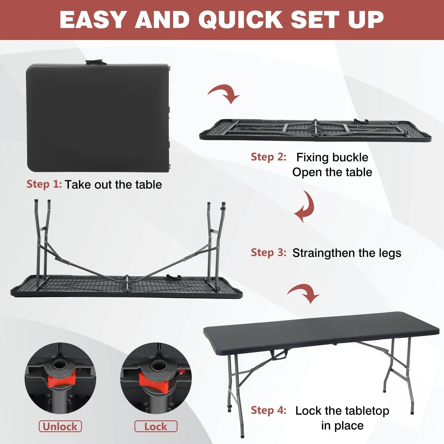 6 Foot Fold-in-Half Adjustable Premium Folding Table, Built-in Handle, Black