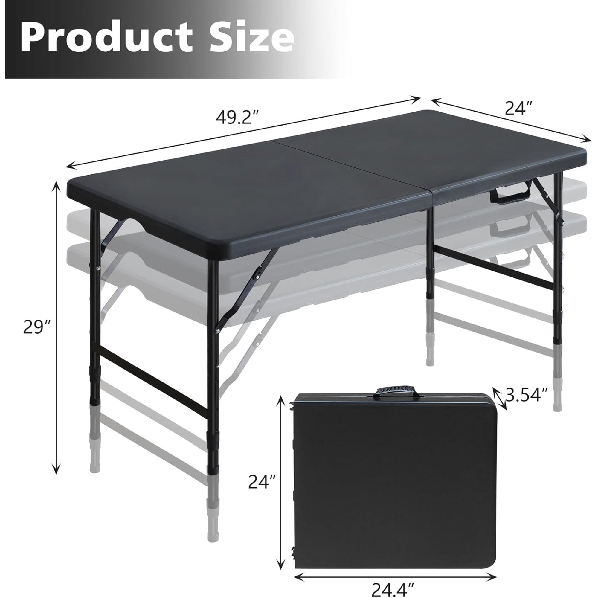 4 Foot Fold-in-Half Adjustable Premium Folding Table, Built-in Handle, Black