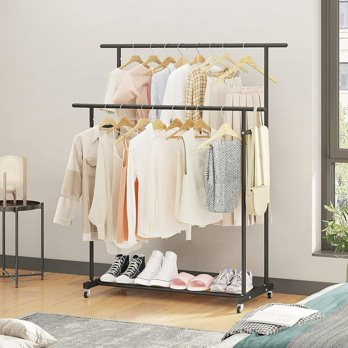 79" Clothes Rack Heavy Duty Load 400Lbs, Rolling Clothing Racks for Hanging Clothes, Commercial Garment Rack, Collapsible ＆ Portable Clothes Rack with Wheels and Adjustable Shelves