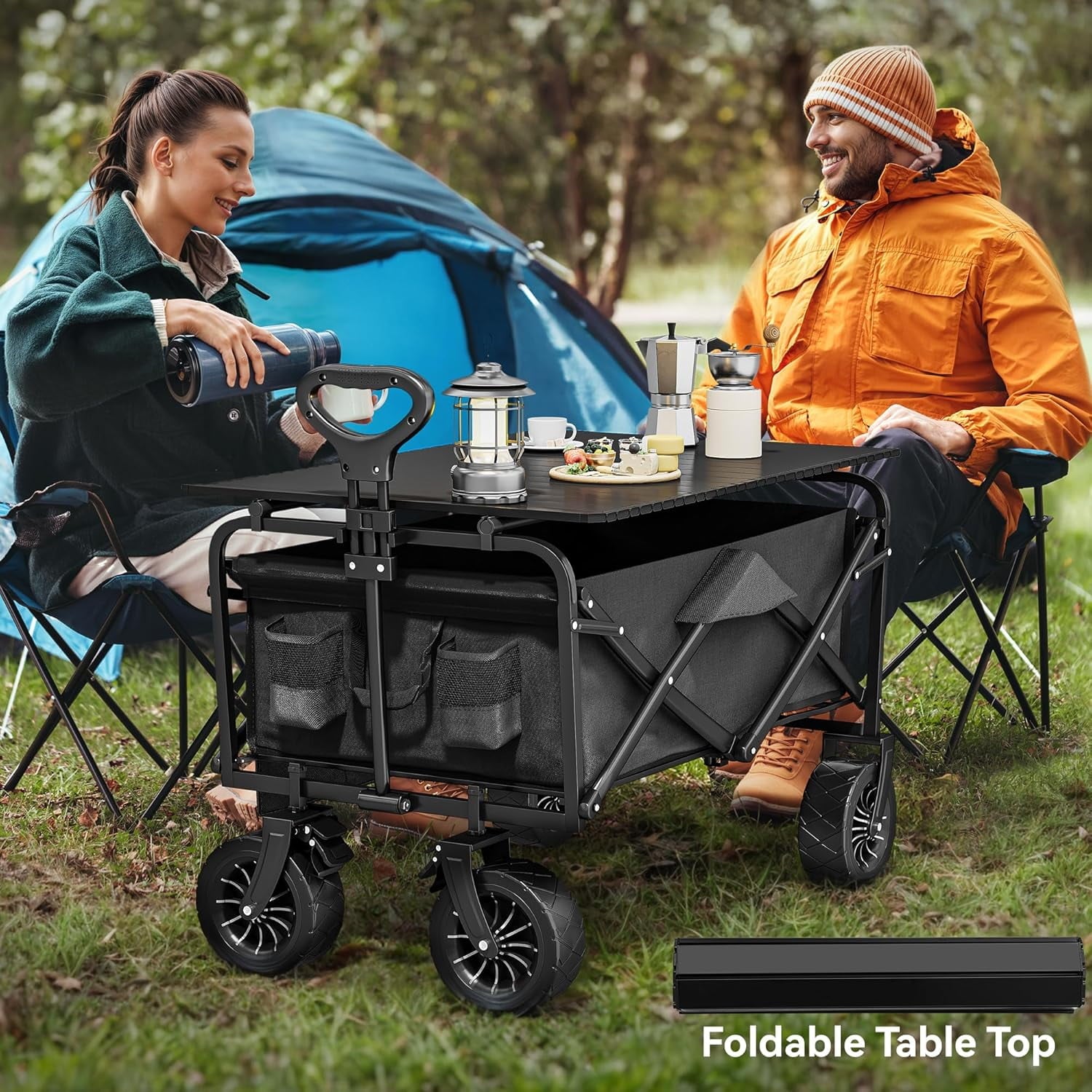 Folding Collapsible Wagon,Camping Large Capacity Heavy Duty Wagon Outdoor Park Beach Wagon Cart with Table Top,Utility Grocery Wagon for Camping Sports Outdoor Shopping Black