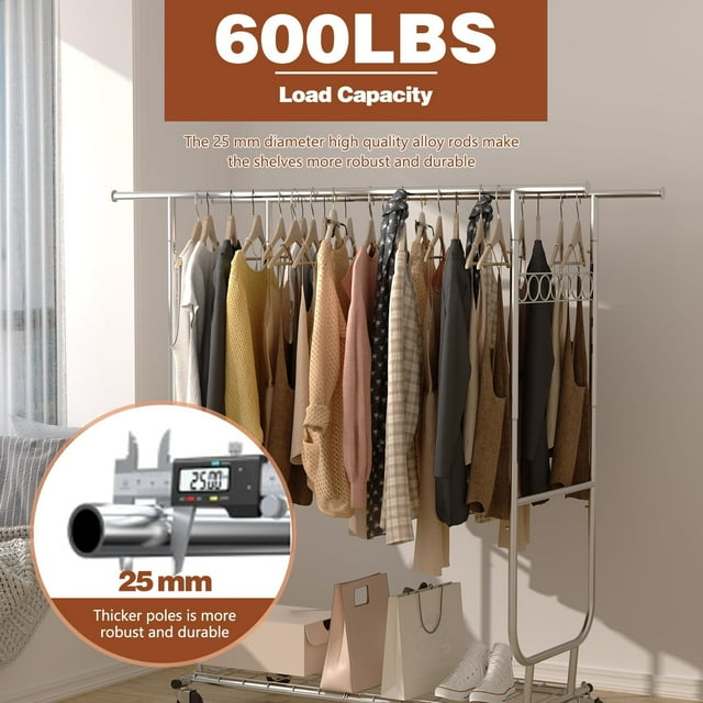 Clothes Rack Heavy Duty Load 300Lbs, Rolling Clothing Racks for Hanging Clothes, Commercial Garment Rack, Collapsible ＆ Portable Clothes Rack with Wheels and Adjustable Shelves
