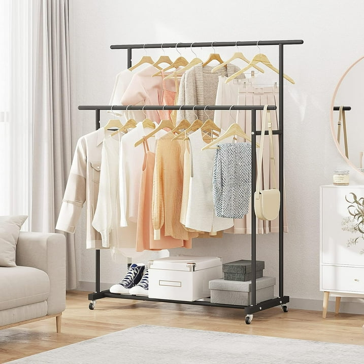 79" Clothes Rack Heavy Duty Load 400Lbs, Rolling Clothing Racks for Hanging Clothes, Commercial Garment Rack, Collapsible ＆ Portable Clothes Rack with Wheels and Adjustable Shelves