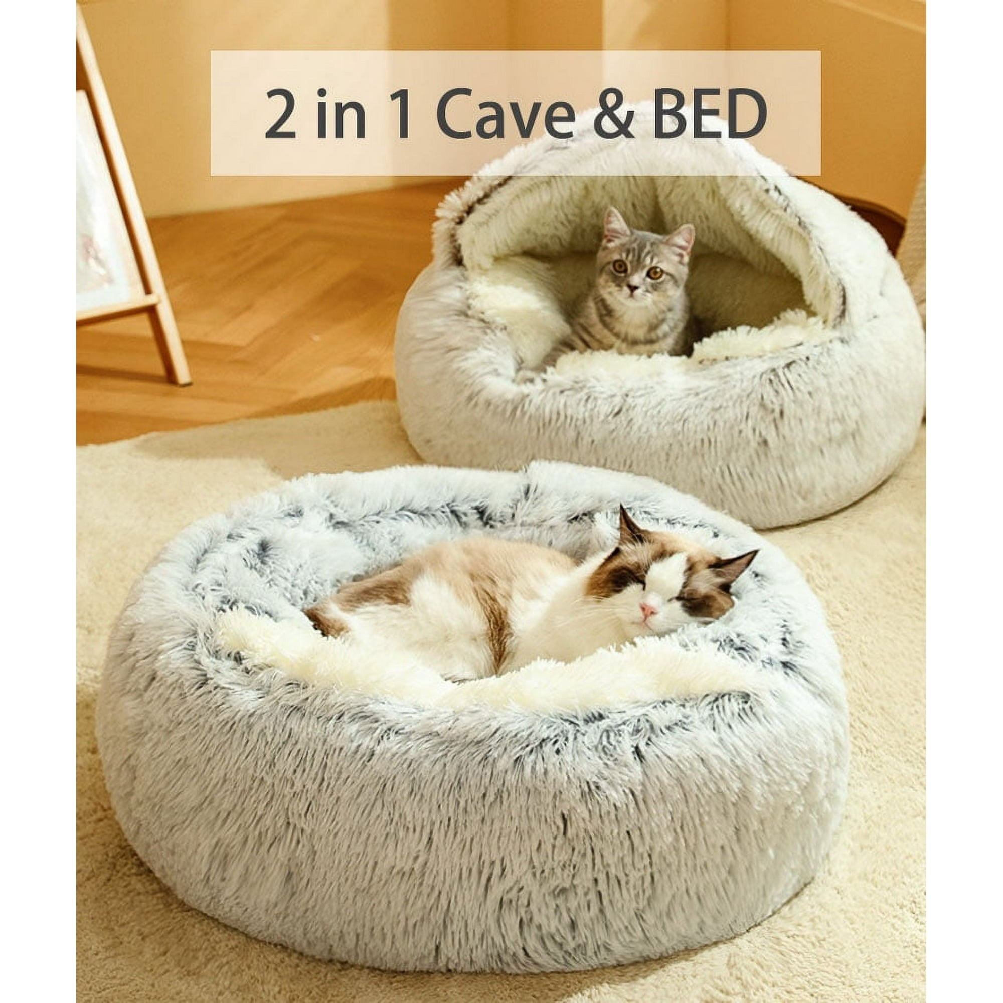 Petimi Cat Bed, Round Cat Bed with Cover, Fluffy Long Plush Cat Bed for Cats and Small Dogs, 25.6''