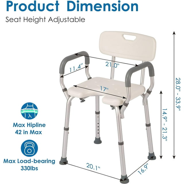 Shower Chair Seat with Padded Armrests and Back Heavy Duty Shower Chair for Bathtub Slip Resistant Shower Seat with Adjustable Height Shower Chair for Inside Shower with 350 lb Capacity
