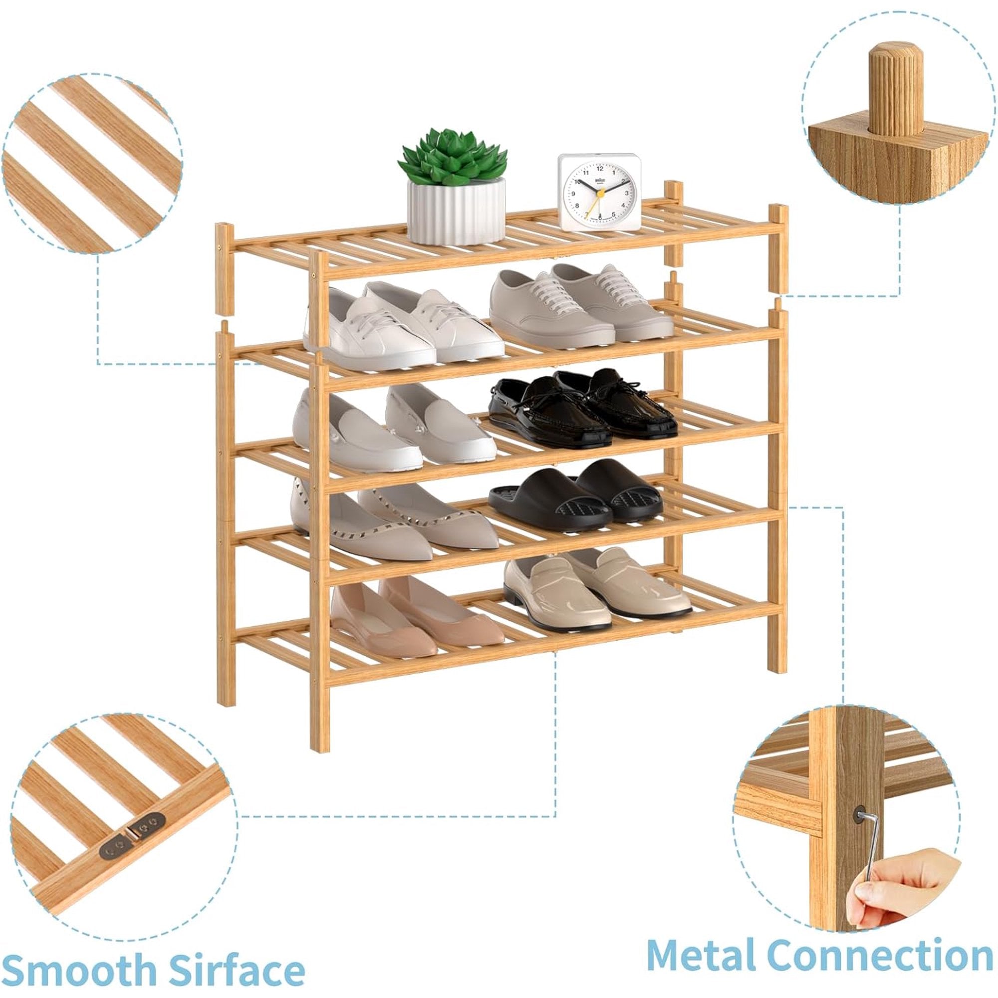 5-Tier Natural Bamboo Shoe Rack - Stackable Storage Shelf with Multi-Function Combinations - Free Standing Shoe Racks for Convenient Shoe Organization（Natural） 11" D x 27" W x 35" H