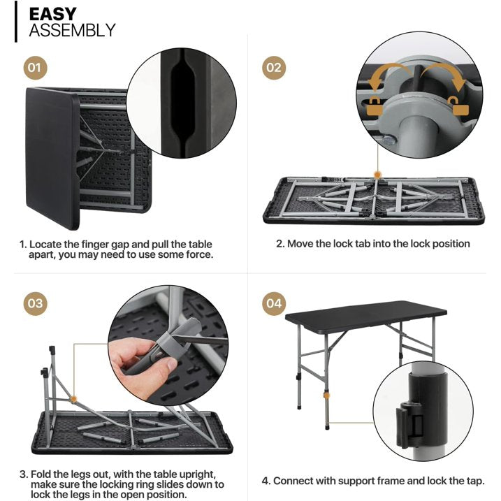 Fold-in-Half Banquet Table w/Handle, 4 ft, Black