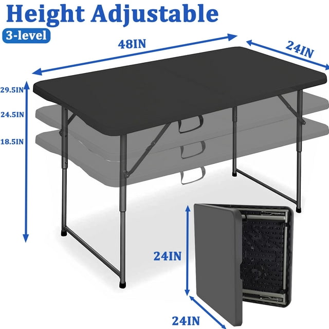 4FT Folding Table - Portable Foldable Table with Lock Function, Ideal for Indoor/Outdoor Use - Compact Design for Dining, Camping, and Parties - Heavy Duty, Black