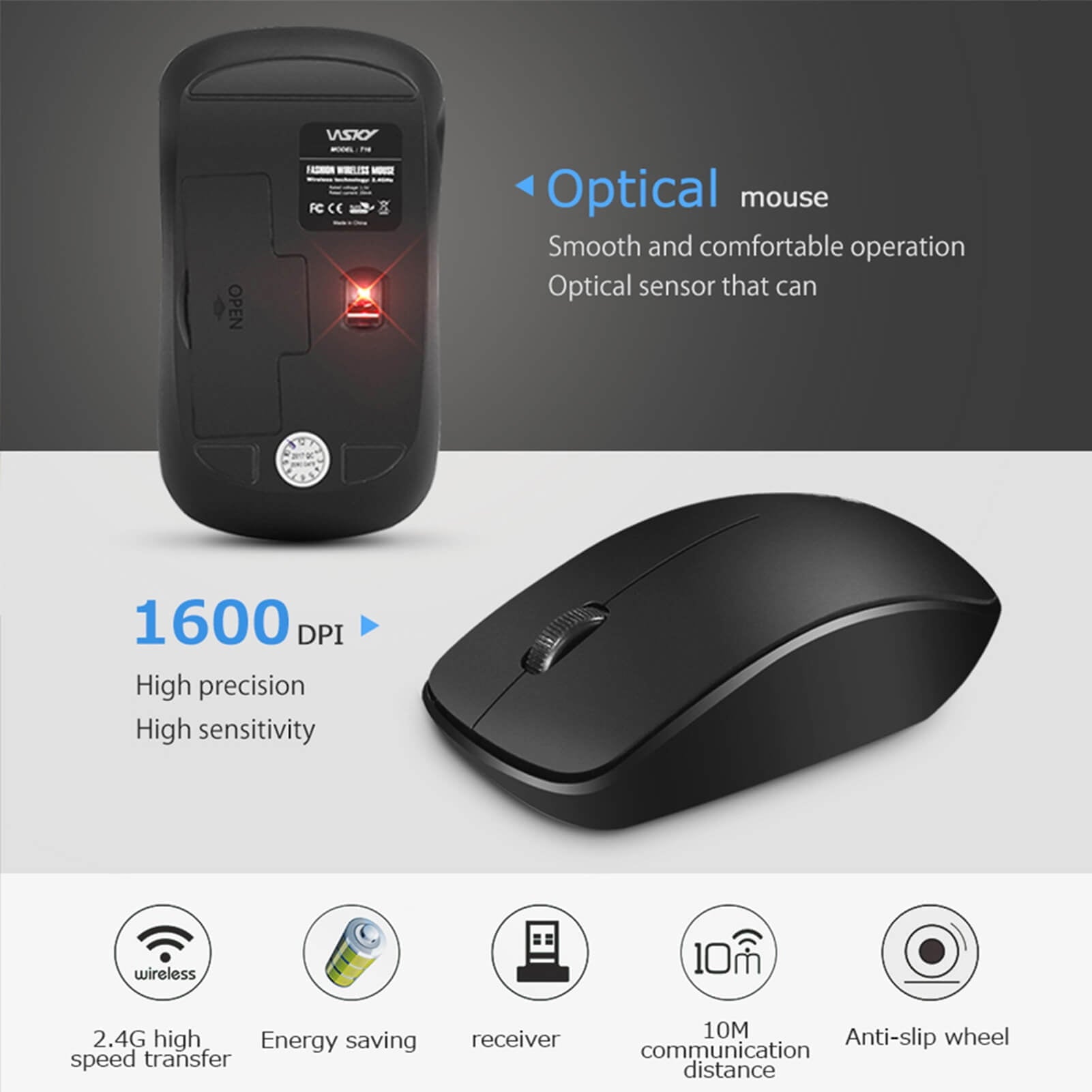 Suproot Wireless Mouse Full Size Ambidextrous Curve Design, Precise Cursor Control Scrolling Wide Scroll Wheel Thumb Grips for Laptop, Computer