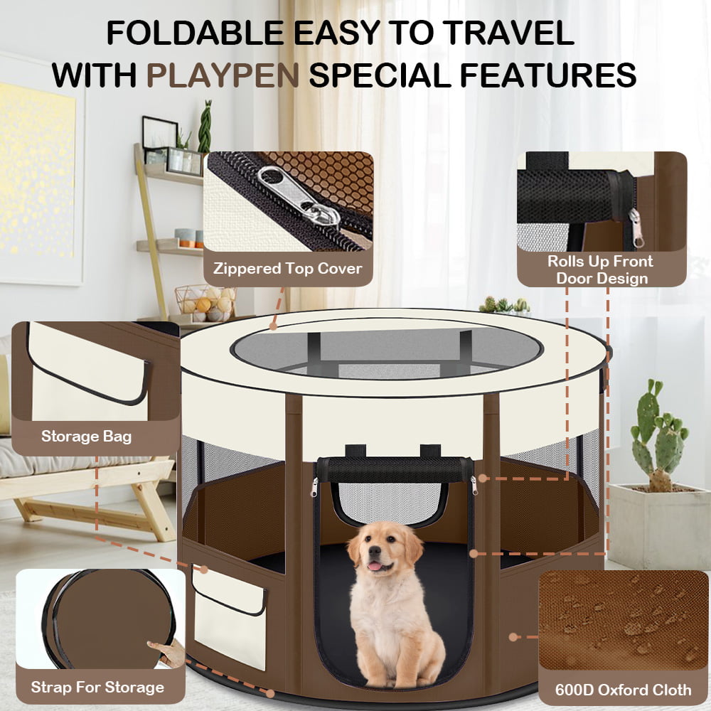 PETIMI Portable Pet Playpen, Foldable Dog Playpen Cat Playpen, Pet Tent for Indoor Outdoor Travel Camping Use - Brown, Small
