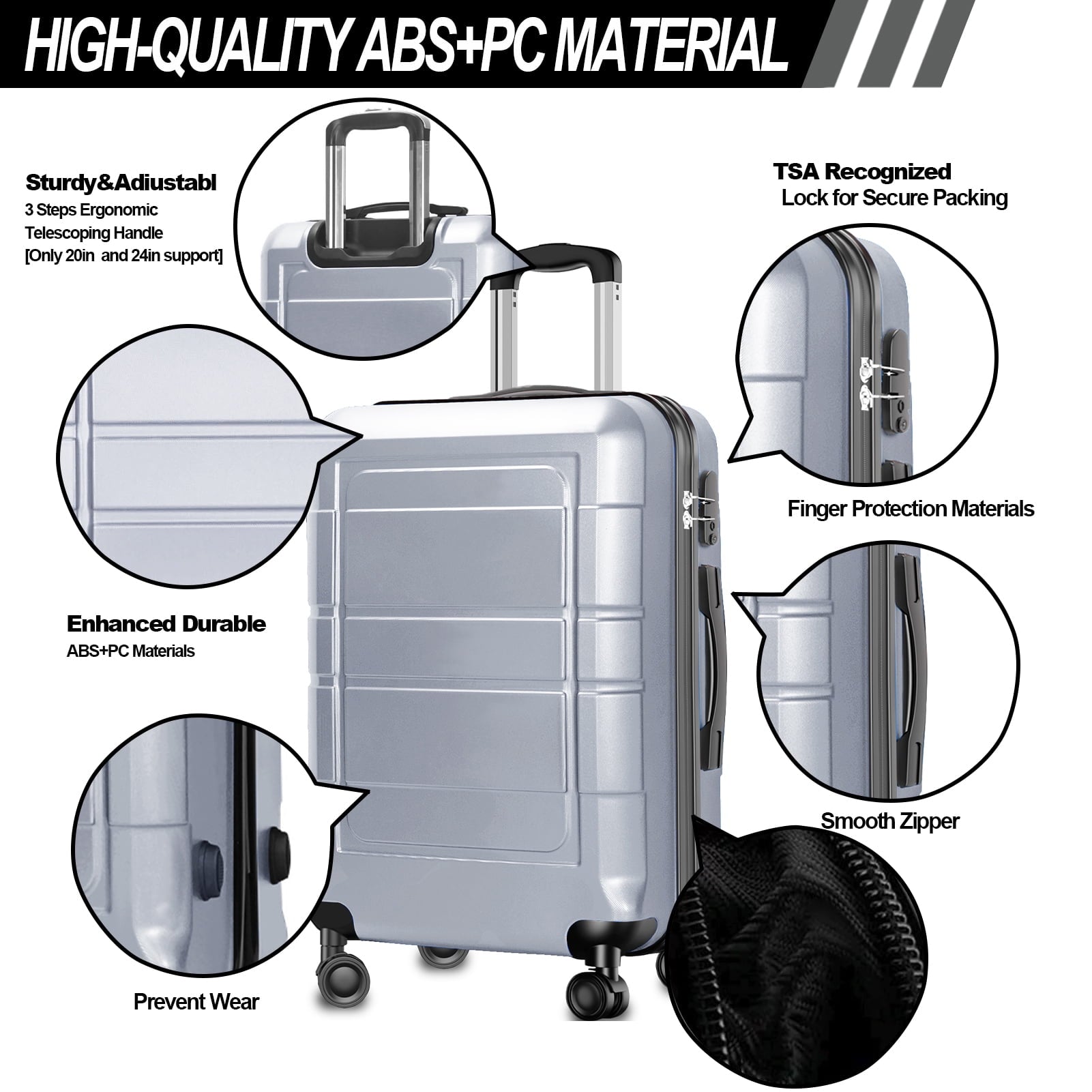20 Inch Hardside Carry On Luggage, Spinner Wheels, TSA Lock, Durable Suitcase, Silver